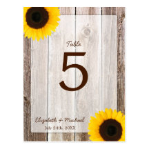 Sunflower Rustic Barn Wood Wedding Table Number Postcards