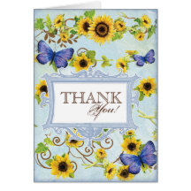 Sunflower Swirl Floral Frame Blue Butterfly Invite Greeting Cards