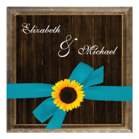 Sunflower Turquoise Ribbon Barn Wood Frame Wedding Announcements