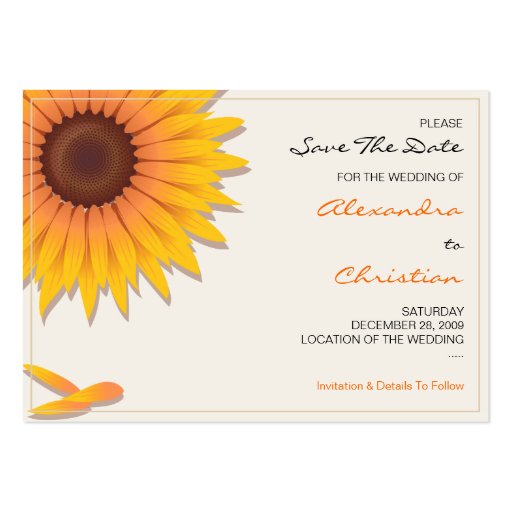 Sunflower Wedding Save The Date MiniCard 2 Business Card Template (back side)