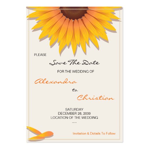 Sunflower Wedding Save The Date MiniCard Business Cards (back side)