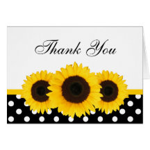 Sunflower White and Black Polka Dot Thank You Greeting Cards