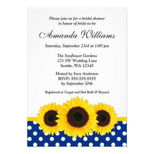 Sunflower White and Blue Polka Dot Bridal Shower Custom Invite