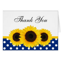 Sunflower White and Blue Polka Dot Thank You Greeting Cards