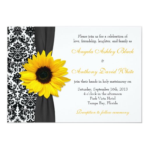 Sunflower Yellow Black White Damask Wedding Card Zazzle