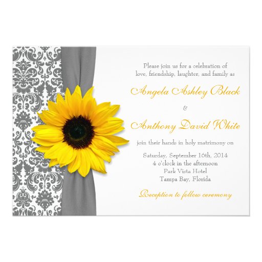 Sunflower Yellow Pewter Grey White Damask Wedding Custom Invites