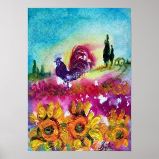 SUNFLOWERS AND BLACK ROOSTER print
