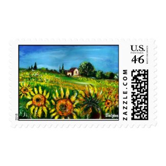 SUNFLOWERS AND COUNTRYSIDE IN TUSCANY stamp