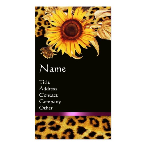 SUNFLOWERS AND LEOPARD FUR PINK GEMSTONE MONOGRAM BUSINESS CARD TEMPLATES (front side)