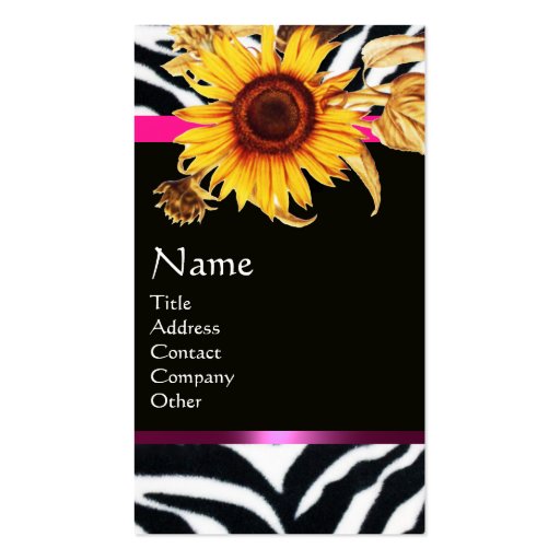 SUNFLOWERS AND PINK BLACK WHITE ZEBRA FUR MONOGRAM BUSINESS CARDS (front side)