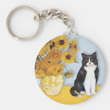 Sunflowers - Black and white cat Key Chains