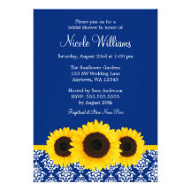 Sunflowers Blue and White Damask Bridal Shower Personalized Invitation
