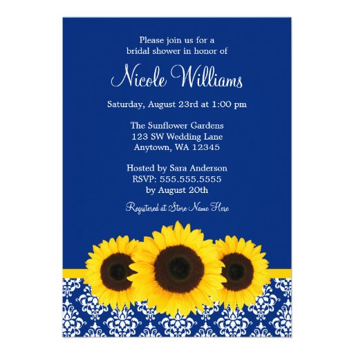 Sunflowers Blue and White Damask Bridal Shower Personalized Invitation