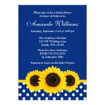 Sunflowers Blue and White Polka Dot Bridal Shower Personalized Invites