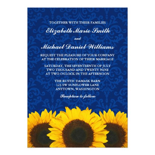 Sunflowers Blue Damask Wedding Personalized Announcement