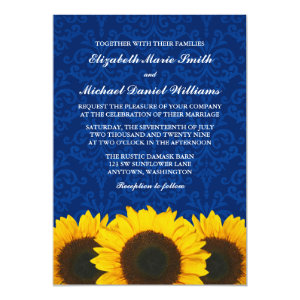 Sunflowers Blue Damask Wedding 5x7 Paper Invitation Card