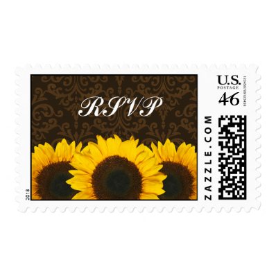 Sunflowers Brown Damask Wedding RSVP Stamp