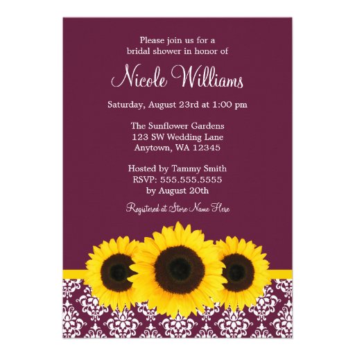 Sunflowers Deep Mulberry Damask Bridal Shower Custom Invitations