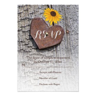 Sunflowers & metallic heart on wood rustic wedding custom invite