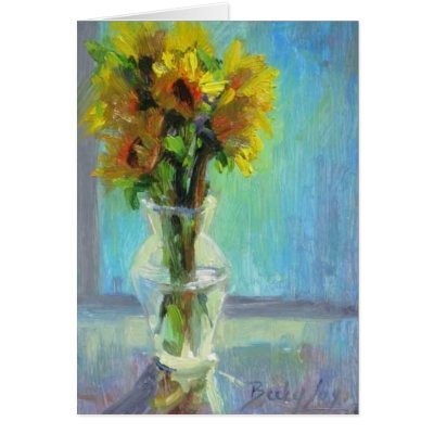 Sunflowers on Blue Blank Card by beckyjoyartist