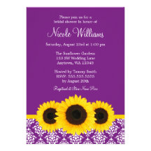 Sunflowers Purple and White Damask Bridal Shower Personalized Invitations