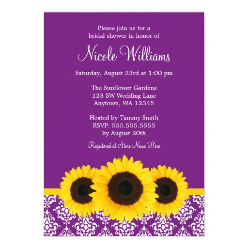 Sunflowers Purple and White Damask Bridal Shower Personalized Invitations