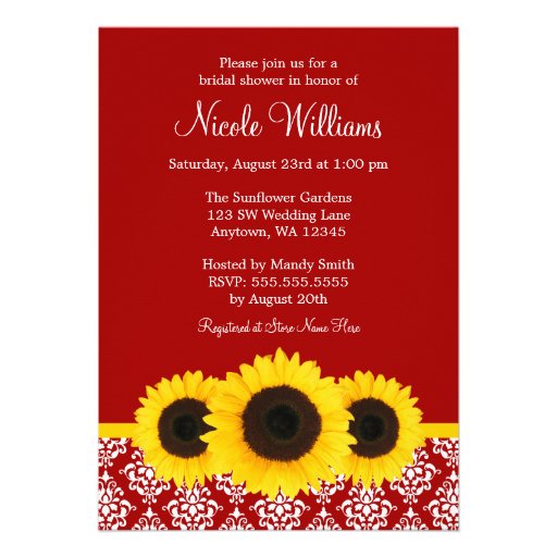 Sunflowers Red and White Damask Bridal Shower Personalized Invitation
