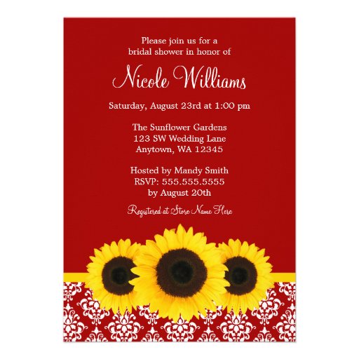 Sunflowers Red and White Damask Bridal Shower Personalized Invitation