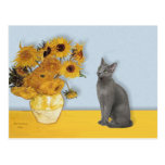 Sunflowers - Russian Blue cat Postcard