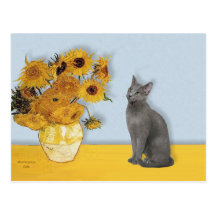 Sunflowers - Russian Blue cat Postcard