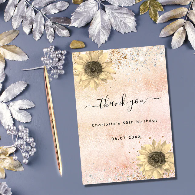 Sunflowers Rustic Rose Gold Silver Glitter Thank You Card Zazzle