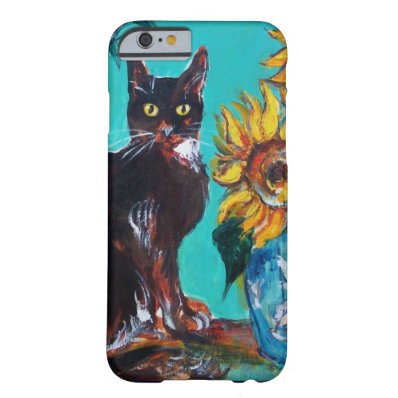 SUNFLOWERS WITH BLACK CAT IN BLUE TURQUOISE BARELY THERE iPhone 6 CASE