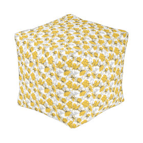 Sunglow Yellow and Gray Vintage Floral Pattern Cube Pouf