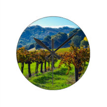 Sunny Autumn Vineyard Round Wallclocks