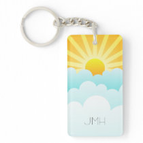 Sunny Day Whimsical Sun Rays and Clouds Monogram Rectangular Acrylic Key Chain