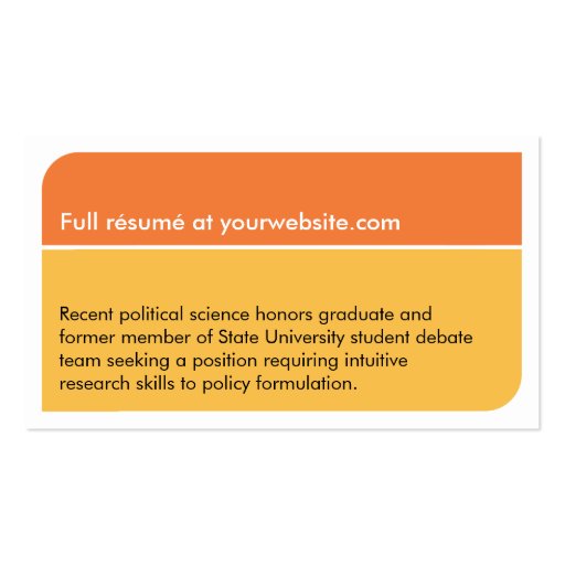 Sunny orange smart student employment resume card business card templates (back side)