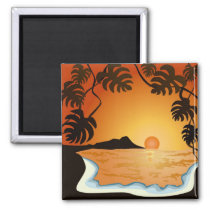 sunset, beach, hawaii, miami, tropical, sunrise, summer, oringe, illustration, art, design, ocean, nature, landscape, beaches, Magnet med brugerdefineret grafisk design