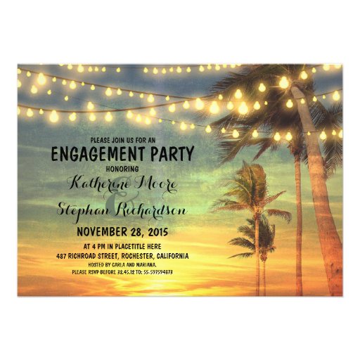 sunset beach engagement party string lights custom invitation (front side)