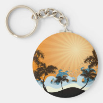 sunset, beach, hawaii, tropical, art, design, illustration, summer, nature, graphic, palm, wave, sunrise, landscape, colorful, illustrations, Keychain with custom graphic design