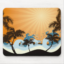 sunset, beach, hawaii, tropical, art, design, illustration, summer, nature, graphic, palm, wave, sunrise, landscape, colorful, tropics, Mouse pad with custom graphic design