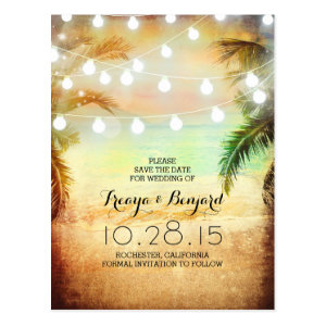 sunset beach & palm string lights save the date postcard