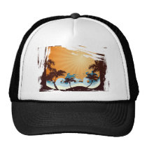sunset, beach, hawaii, tropical, art, design, illustration, summer, nature, graphic, palm, wave, sunrise, landscape, colorful, tropics, Trucker Hat with custom graphic design