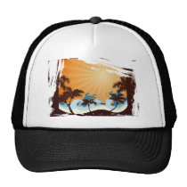 sunset, beach, hawaii, tropical, art, design, illustration, summer, nature, graphic, palm, wave, sunrise, landscape, colorful, tropics, Boné com design gráfico personalizado