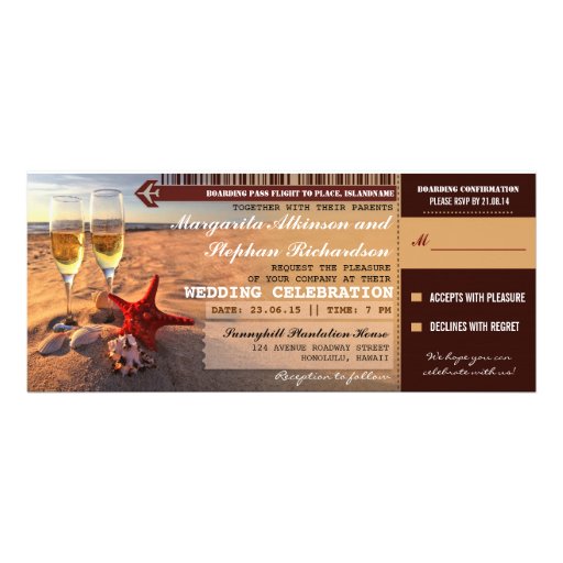Sunset beach wedding boarding pass invitations (front side)