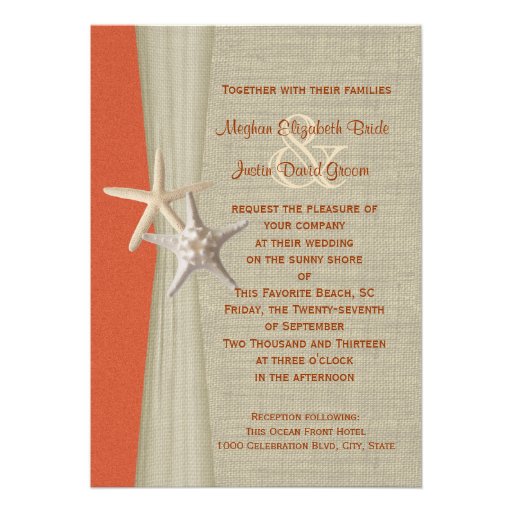Sunset Coral and Starfish Beach Wedding Personalized Invitation