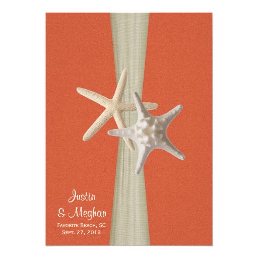 Sunset Coral and Starfish Beach Wedding Personalized Invitation (front side)