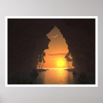 beach, sunset, tropical, palms, moon, sun, digital art posters, nature posters, sunrises, sunsets, Poster with custom graphic design