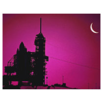 Sunset over launch pad with shuttle, Kennedy Space Flyers