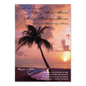 Sunset Palm Tree Beach & Boat Wedding Invitations 4.5