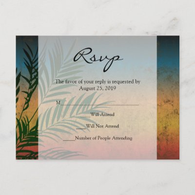 Sunset Palm Tree Branch Wedding RSVP Cards Post Cards by CustomInvites